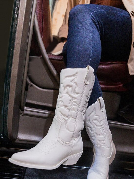 Soda Shoes - New Pure White Pointed Toe Cowboy/Cowgirl Western Boots Mid-Calf Low Block Heel